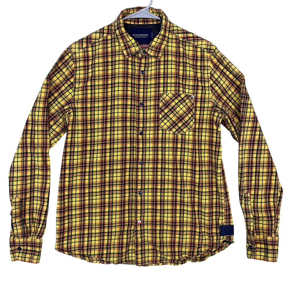 Scotch & Soda Mens Large Checked Cotton Yellow Flannel Shirt Long Sleeve Plaid